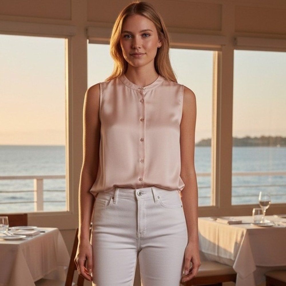 Theory Pink Silk Sleeveless Band Collar Blouse Small Office Quiet Luxury